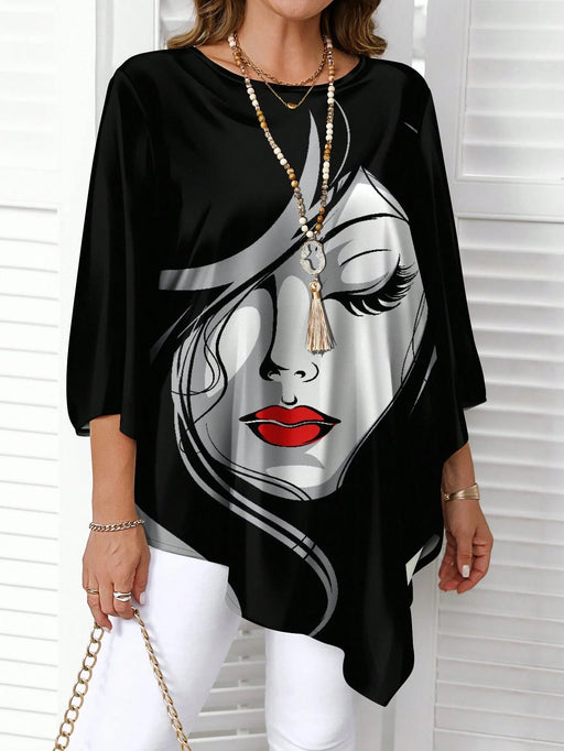 SHEIN Camisa informal minimalista retro con estampado abstracto de rostros, talla grande - Quierox - Tienda Online