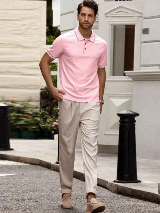 SHEIN Camisa polo casual de oficina de manga corta a rayas para hombres de talla grande - Quierox - Tienda Online