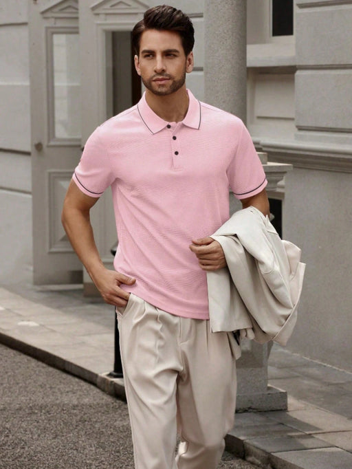 SHEIN Camisa polo casual de oficina de manga corta a rayas para hombres de talla grande - Quierox - Tienda Online
