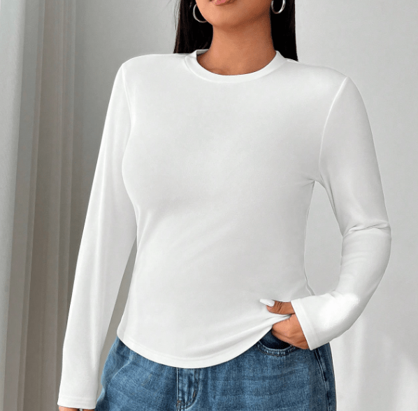 SHEIN Camiseta básica de manga larga ajustada con cuello redondo para mujer - Quierox - Tienda Online