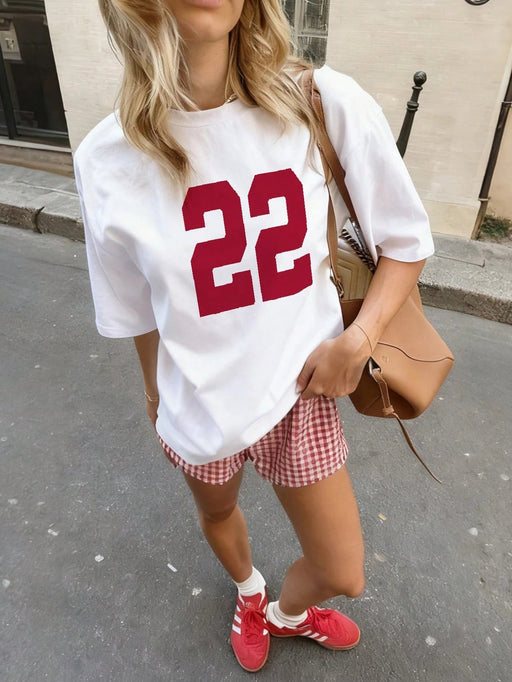 SHEIN Camiseta casual de manga corta con cuello redondo y estampado numérico - Quierox - Tienda Online