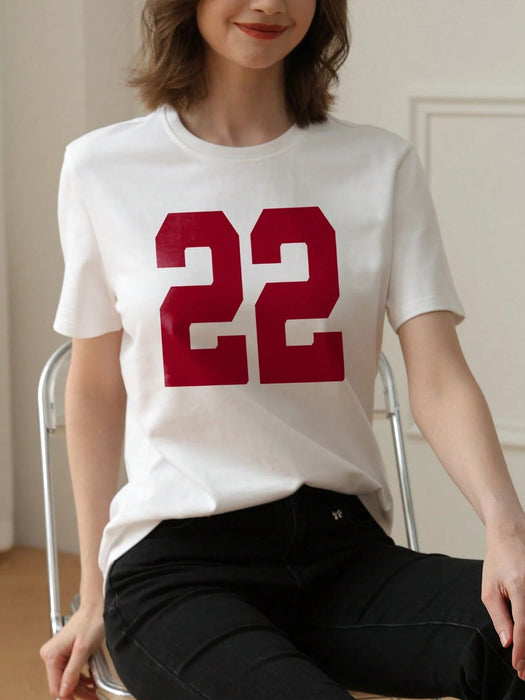 SHEIN Camiseta casual de manga corta con cuello redondo y estampado numérico - Quierox - Tienda Online