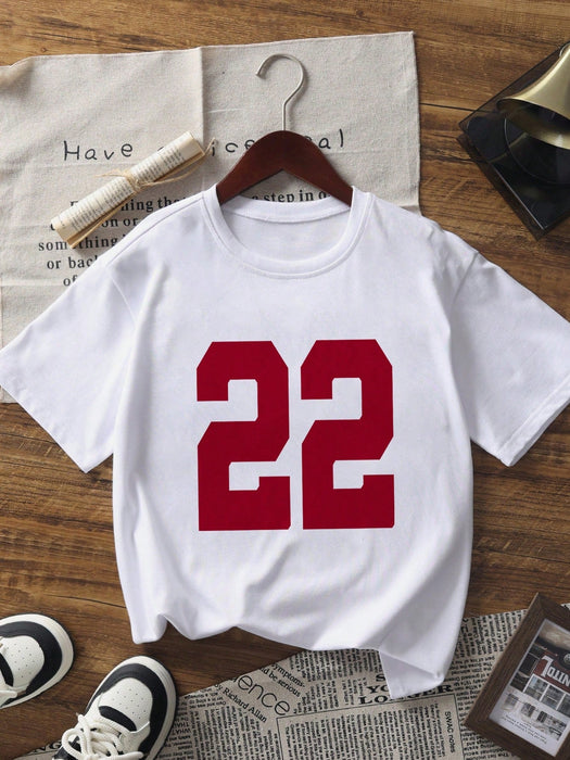 SHEIN Camiseta casual de manga corta con cuello redondo y estampado numérico - Quierox - Tienda Online