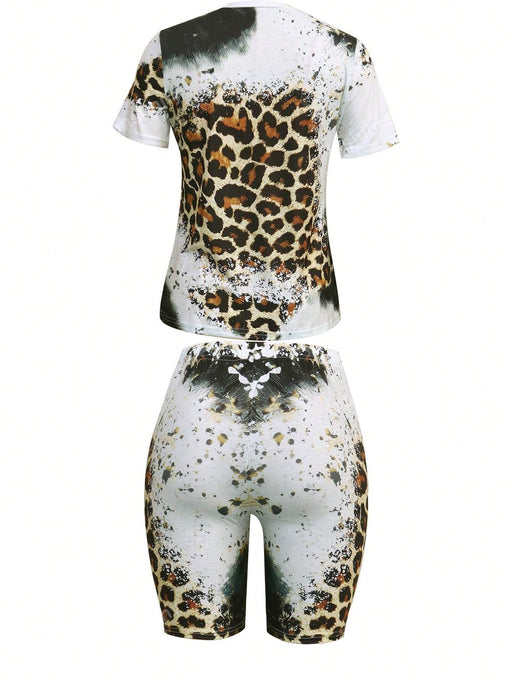 Shein Camiseta con estampado de leopardo y eslogan y pantalones cortos estilo ciclista - Quierox - Tienda Online