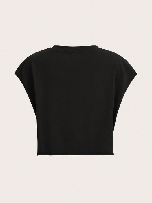 Shein Camiseta corta holgada de manga corta con cuello redondo y estampado cruzado sencillo de Slaydiva para mujer - Quierox - Tienda Online