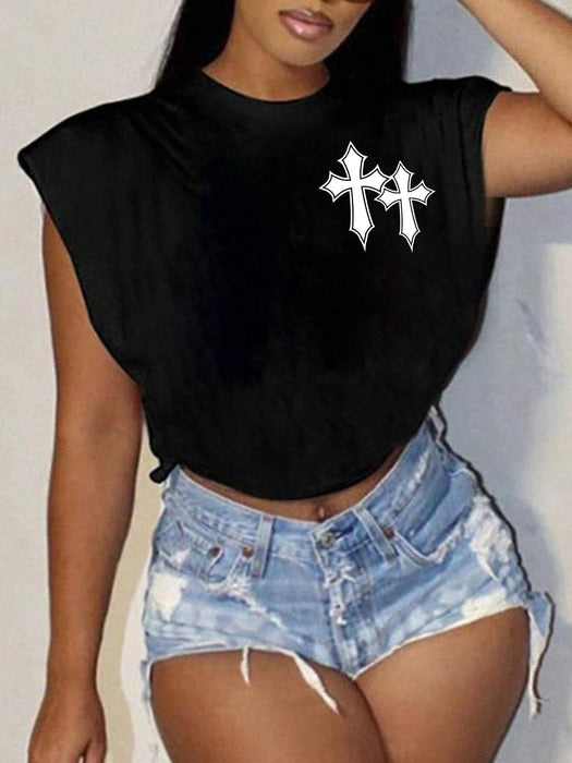 Shein Camiseta corta holgada de manga corta con cuello redondo y estampado cruzado sencillo de Slaydiva para mujer - Quierox - Tienda Online