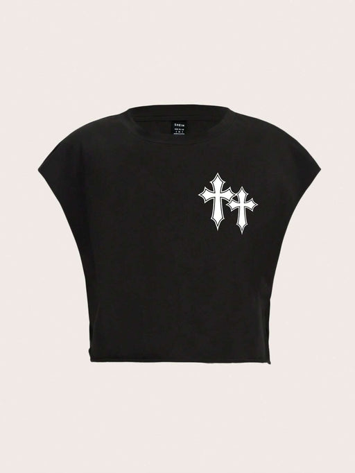 Shein Camiseta corta holgada de manga corta con cuello redondo y estampado cruzado sencillo de Slaydiva para mujer - Quierox - Tienda Online