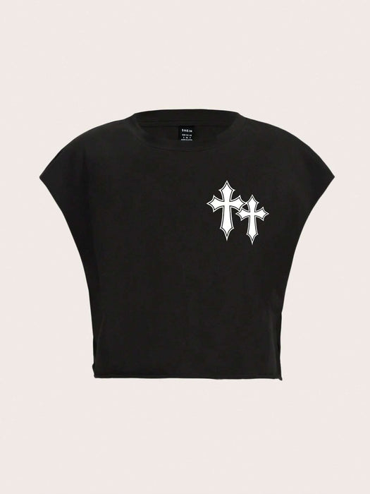 Shein Camiseta corta holgada de manga corta con cuello redondo y estampado cruzado sencillo de Slaydiva para mujer - Quierox - Tienda Online
