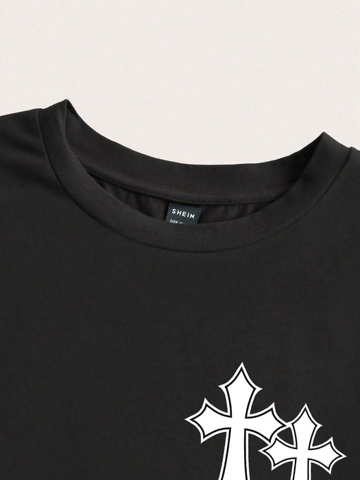 Shein Camiseta corta holgada de manga corta con cuello redondo y estampado cruzado sencillo de Slaydiva para mujer - Quierox - Tienda Online