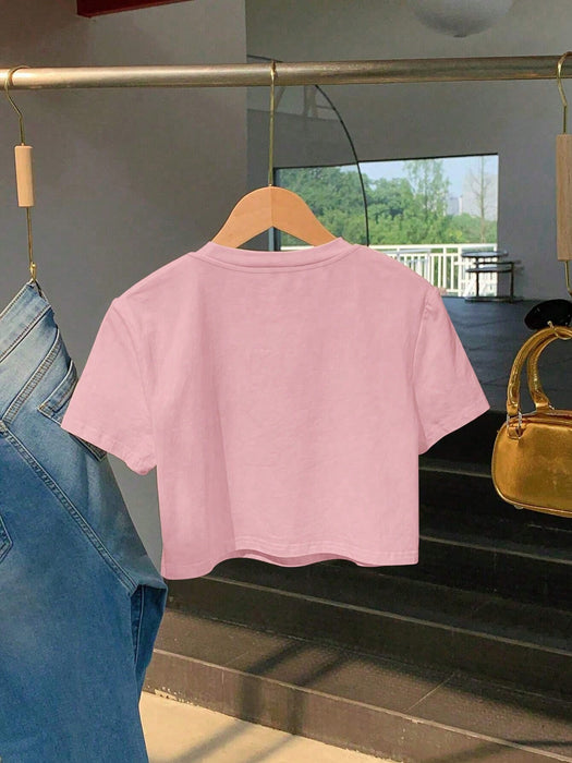 SHEIN Camiseta corta informal de manga corta con cuello redondo y estampado - Quierox - Tienda Online