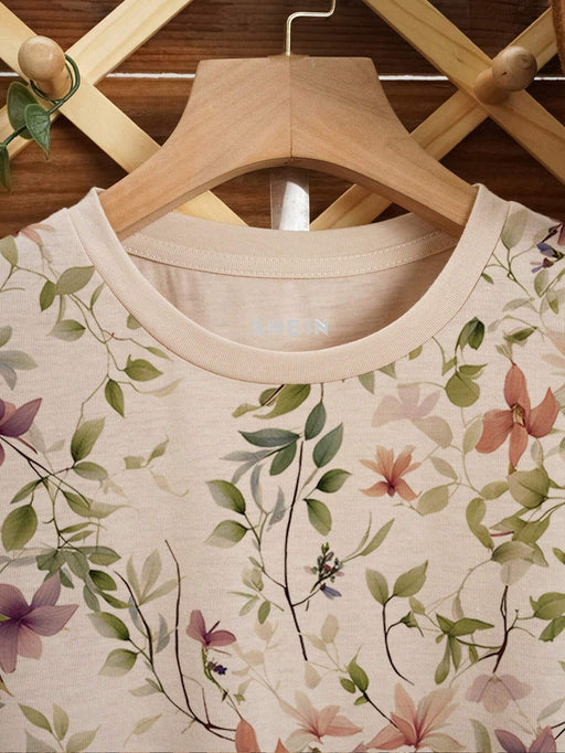 Shein Camiseta de cuello redondo con estampado floral y vegetal de talla grande - Quierox - Tienda Online