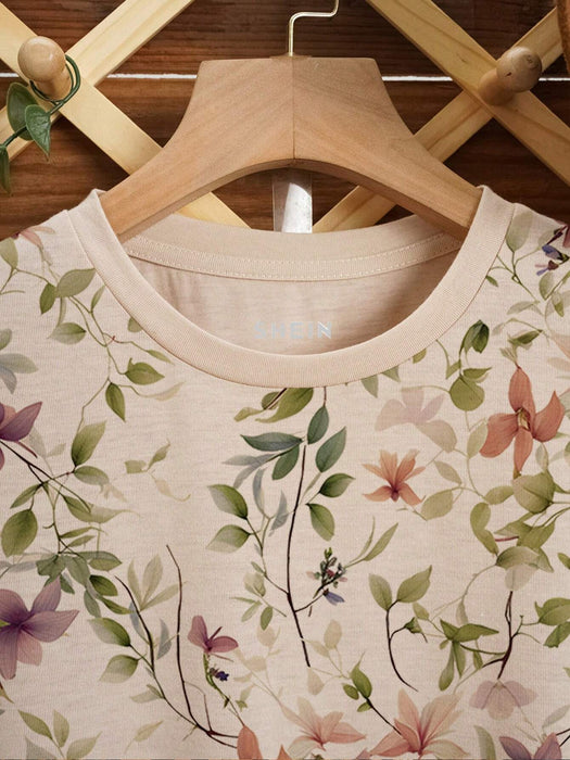 Shein Camiseta de cuello redondo con estampado floral y vegetal de talla grande - Quierox - Tienda Online