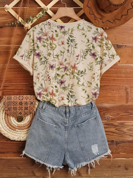 Shein Camiseta de cuello redondo con estampado floral y vegetal de talla grande - Quierox - Tienda Online