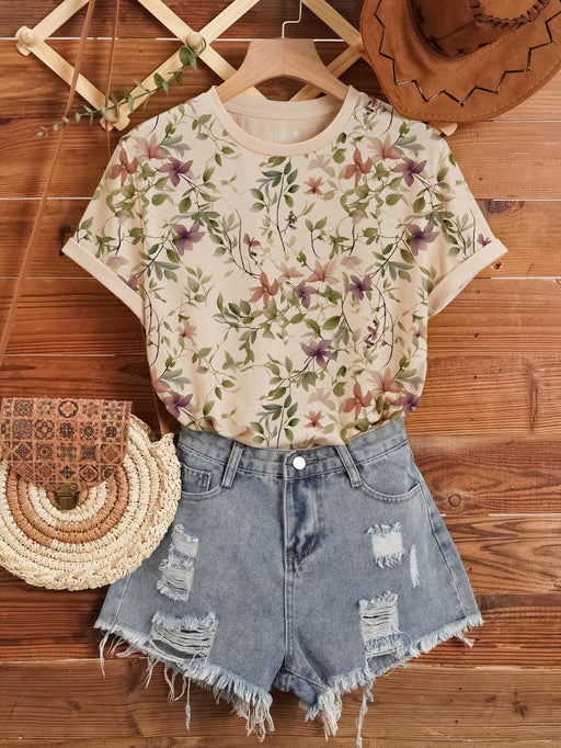 Shein Camiseta de cuello redondo con estampado floral y vegetal de talla grande - Quierox - Tienda Online