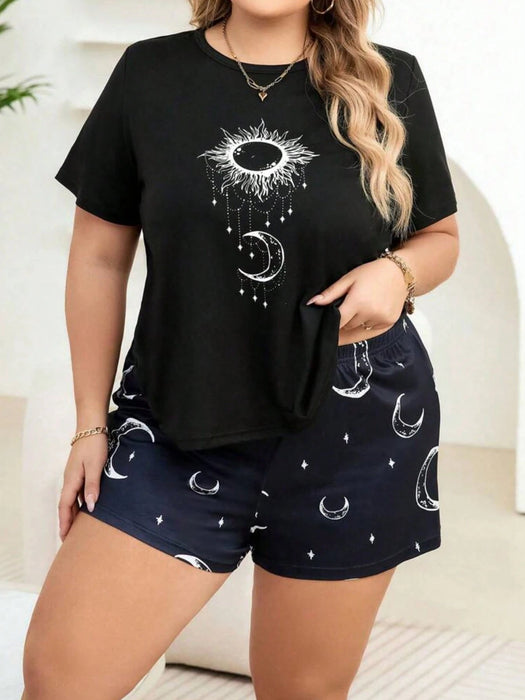 SHEIN Camiseta de manga caída con estampado de sol y luna, de talla grande - Quierox - Tienda Online
