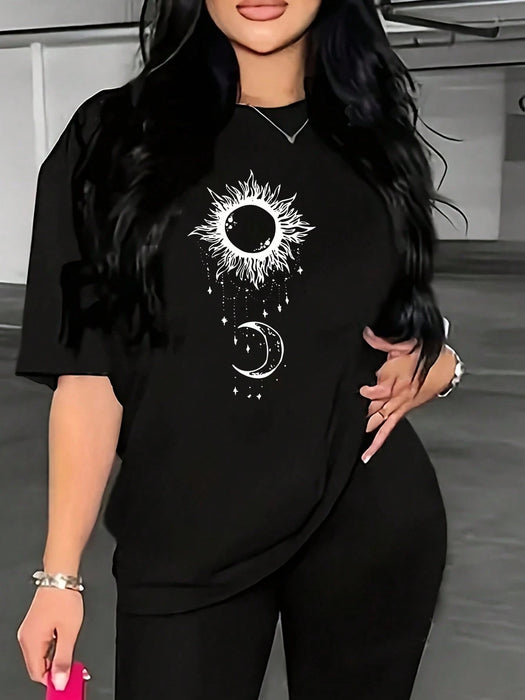 SHEIN Camiseta de manga caída con estampado de sol y luna, de talla grande - Quierox - Tienda Online