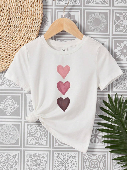SHEIN Camiseta De Manga Corta Con Patrón De Corazón Casual Para Niñas, Adecuada Para El Verano - Quierox - Tienda Online