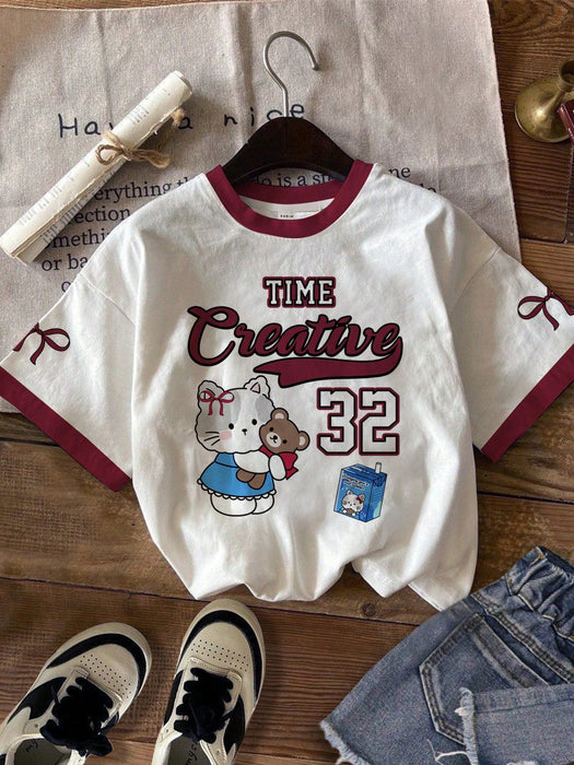 SHEIN Camiseta de manga corta holgada con cuello redondo y estampado de gato - Quierox - Tienda Online