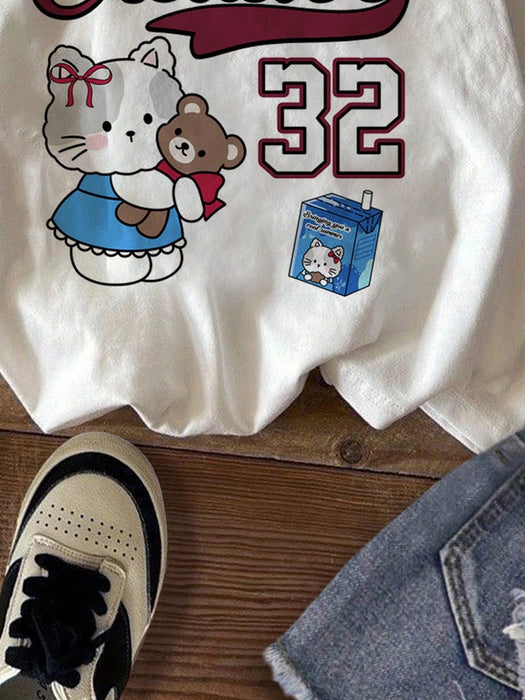 SHEIN Camiseta de manga corta holgada con cuello redondo y estampado de gato - Quierox - Tienda Online