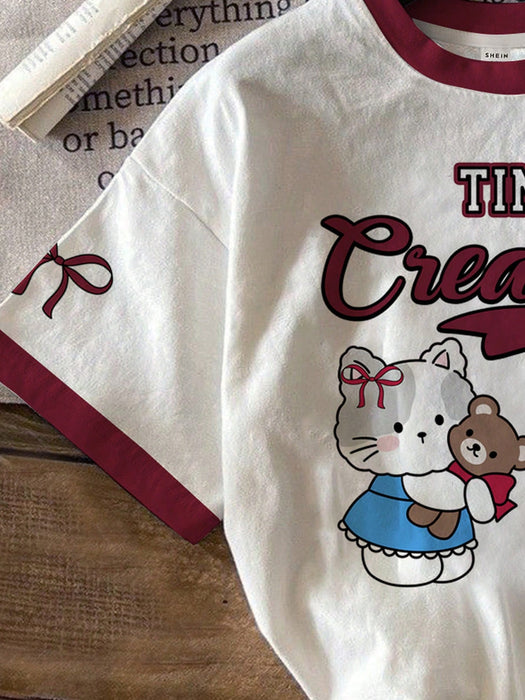 SHEIN Camiseta de manga corta holgada con cuello redondo y estampado de gato - Quierox - Tienda Online