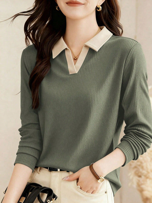 SHEIN Camiseta de manga larga con cuello de polo para mujer - Quierox - Tienda Online