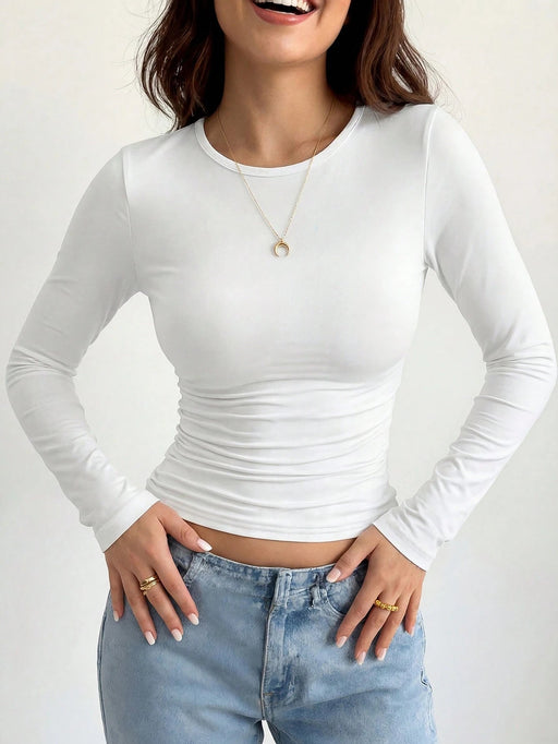 Shein Camiseta de manga larga de cuello redondo de ajuste delgado y casual para mujer - Quierox - Tienda Online