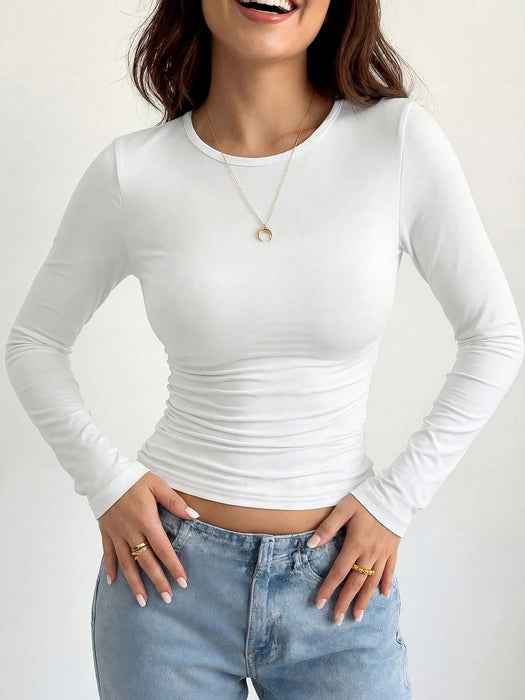 Shein Camiseta de manga larga de cuello redondo de ajuste delgado y casual para mujer - Quierox - Tienda Online