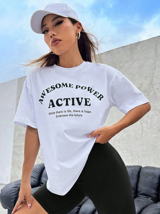 SHEIN Camiseta deportiva con eslogan gráfico de Easithlete y hombros caídos - Quierox - Tienda Online