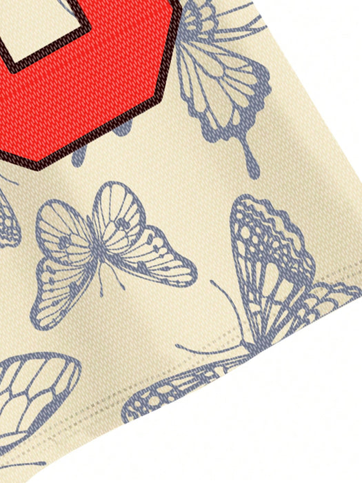 Shein Camiseta deportiva de talla grande con cuello en V para hombre con rayas numéricas y estampado de mariposas - Quierox - Tienda Online
