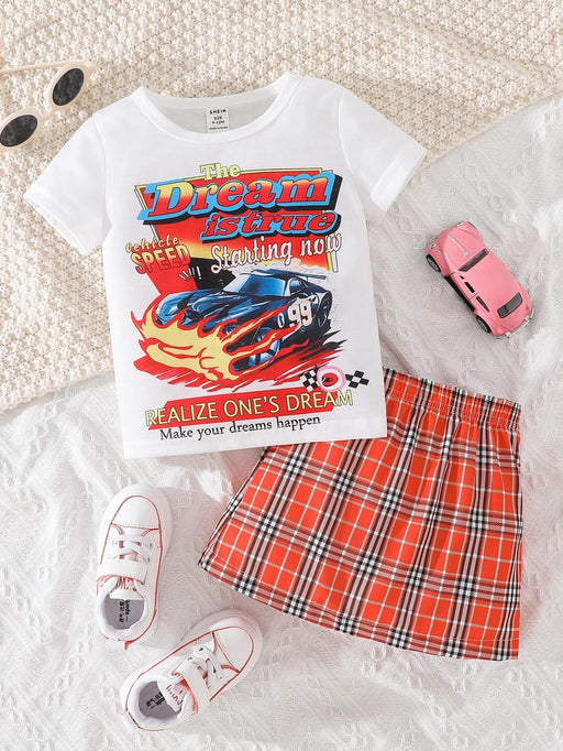 SHEIN Camiseta Gráfica Con Eslogan Y Falda A Cuadros Con Diseño De Automóvil - Quierox - Tienda Online