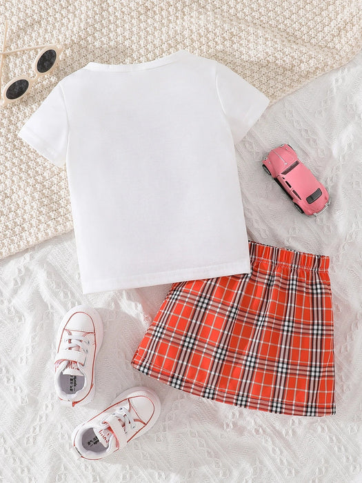 SHEIN Camiseta Gráfica Con Eslogan Y Falda A Cuadros Con Diseño De Automóvil - Quierox - Tienda Online