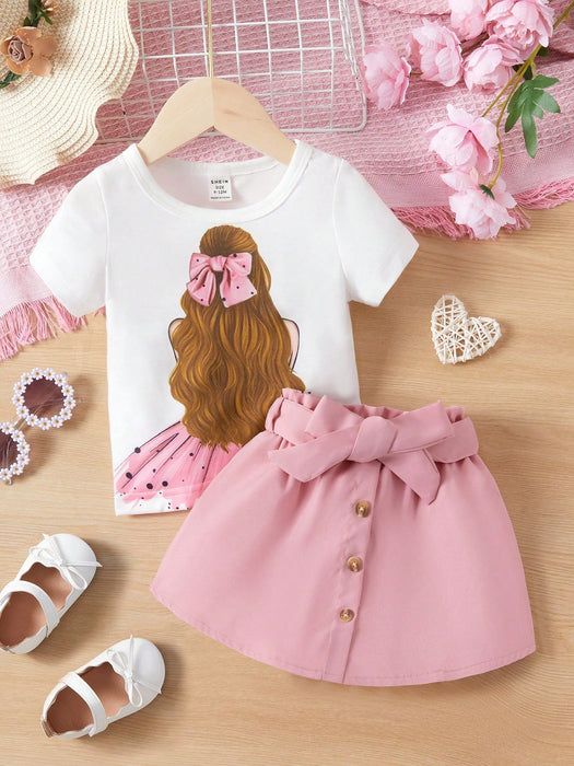 SHEIN Camiseta Gráfica De Figura De Bebé Niña Y Falda De Cintura De Papel Con Cinturón - Quierox - Tienda Online