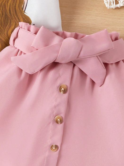 SHEIN Camiseta Gráfica De Figura De Bebé Niña Y Falda De Cintura De Papel Con Cinturón - Quierox - Tienda Online