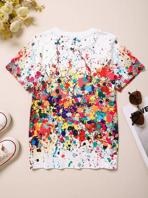 Shein Camiseta Gráfica de Tinta Abstracta Vibrante para Niña, Cómoda Camiseta de Poliéster con Cuello Redondo - Quierox - Tienda Online