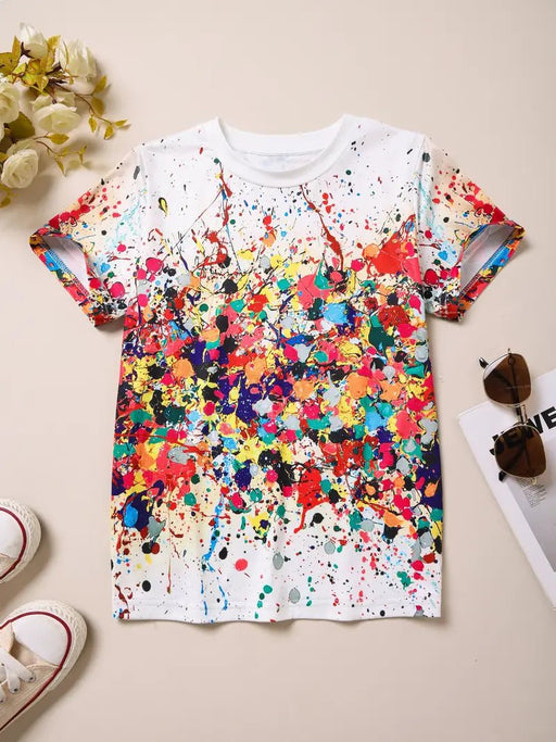 Shein Camiseta Gráfica de Tinta Abstracta Vibrante para Niña, Cómoda Camiseta de Poliéster con Cuello Redondo - Quierox - Tienda Online