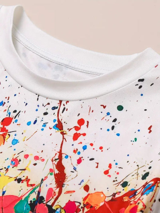 Shein Camiseta Gráfica de Tinta Abstracta Vibrante para Niña, Cómoda Camiseta de Poliéster con Cuello Redondo - Quierox - Tienda Online