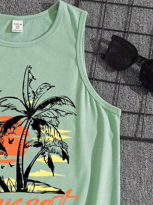 Shein Camiseta informal de cuello redondo con diseño de árbol de coco para niños preadolescentes para verano - Quierox - Tienda Online