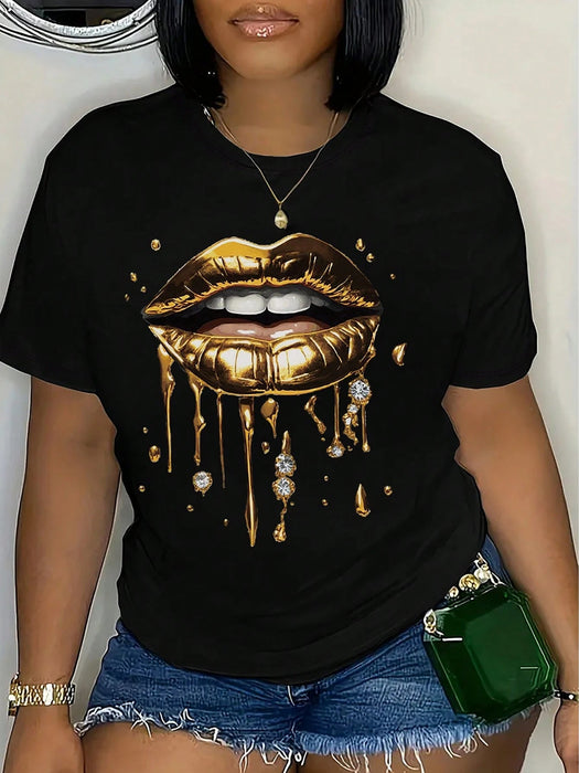 Shein Camiseta informal de manga corta con cuello redondo y estampado de labios dorados para mujer - Quierox - Tienda Online