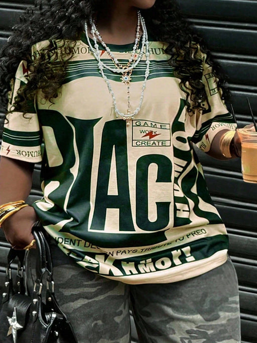 Shein Camiseta informal de manga corta con cuello redondo y estampado de letras para mujer de Rovax - Quierox - Tienda Online