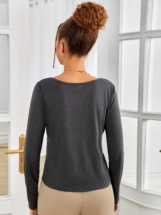 SHEIN Camiseta informal de manga larga de punto de color liso para chicas - Quierox - Tienda Online