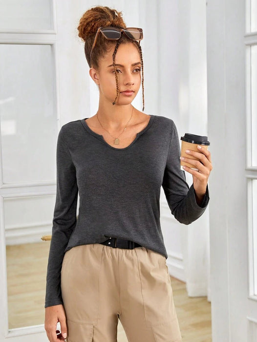 SHEIN Camiseta informal de manga larga de punto de color liso para chicas - Quierox - Tienda Online