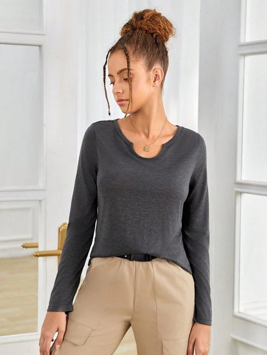 SHEIN Camiseta informal de manga larga de punto de color liso para chicas - Quierox - Tienda Online