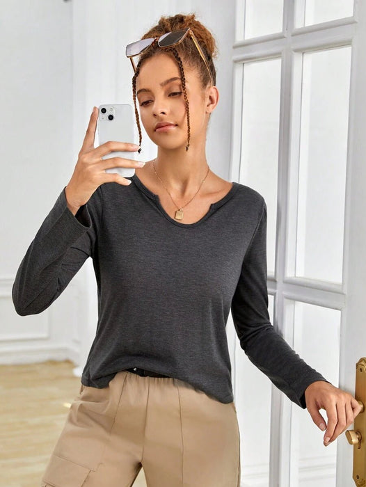 SHEIN Camiseta informal de manga larga de punto de color liso para chicas - Quierox - Tienda Online