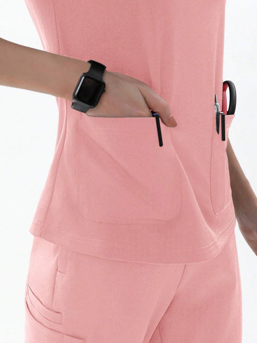 Shein Camiseta médica TaskEZ de 2 bolsillos con cuello en V y manga corta para uniforme de enfermera - Quierox - Tienda Online