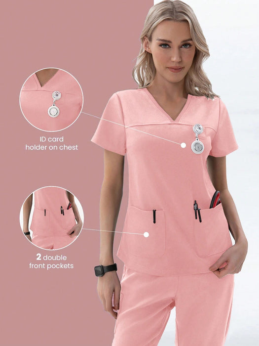 Shein Camiseta médica TaskEZ de 2 bolsillos con cuello en V y manga corta para uniforme de enfermera - Quierox - Tienda Online