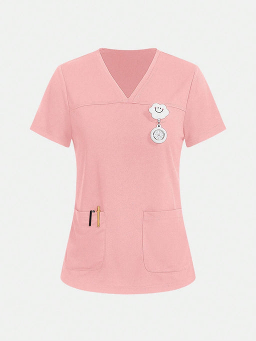 Shein Camiseta médica TaskEZ de 2 bolsillos con cuello en V y manga corta para uniforme de enfermera - Quierox - Tienda Online