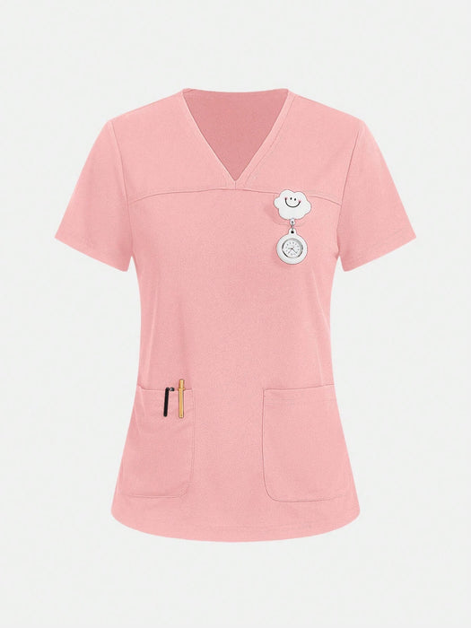 Shein Camiseta médica TaskEZ de 2 bolsillos con cuello en V y manga corta para uniforme de enfermera - Quierox - Tienda Online