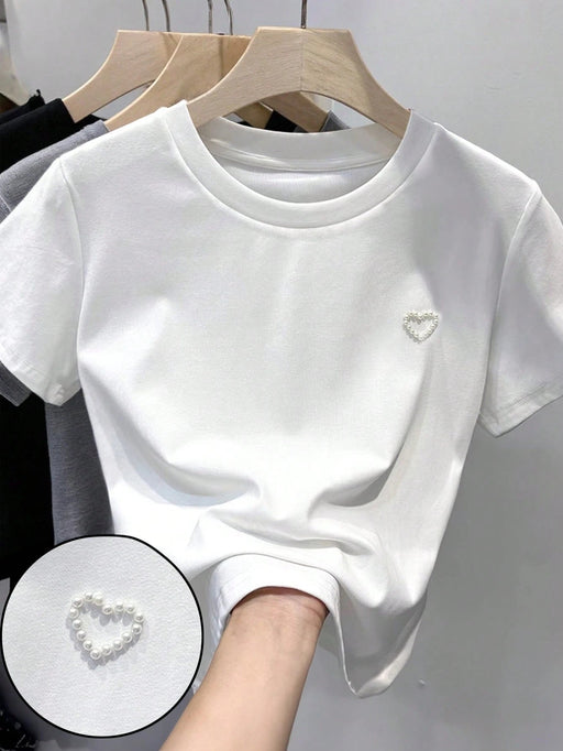SHEIN Camiseta minimalista de manga corta con cuello redondo y corazón de perlas - Quierox - Tienda Online
