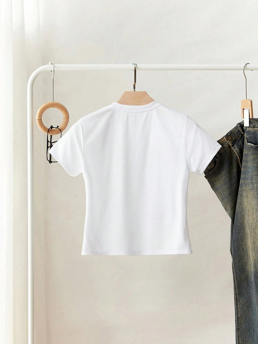 SHEIN Camiseta minimalista de manga corta con cuello redondo y corazón de perlas - Quierox - Tienda Online