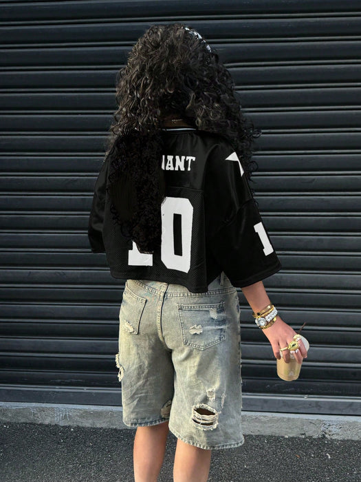 SHEIN Camiseta Muchica de 1 pieza con estampado gráfico de satén negro y paneles de malla - Quierox - Tienda Online